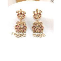 PINK AND WHITE KUNDAN STONE AND BUNCH OF PEARLS EARRINGS