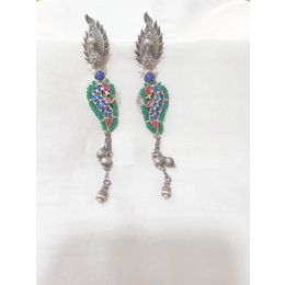 925 SILVER CARVING PECOCK FUSION EARRINGS