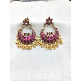 PINK KUNDAN TEMPLE WORKED GOLD PLATED EARRING