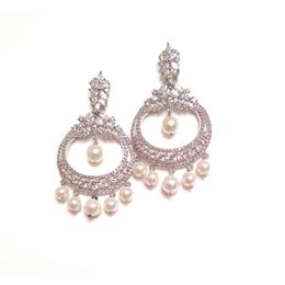92.5 SILVER CZ WITH PEARL CHAND EARRINGS