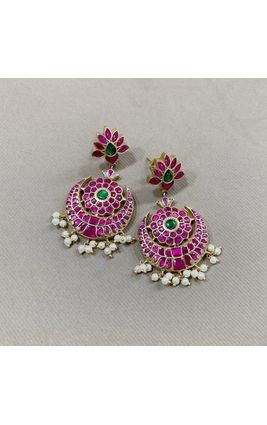 PINK GREEN WHITE ST FLOWER WITH TEMPLE CHAND EARRINGS