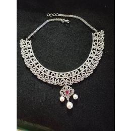 CZ REAL RUBY STONE PEARL DROP NECKLACE SET