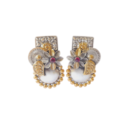 PINK STONE TWO TONE POLISHED EARRING