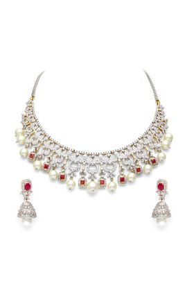 RUBY AND PEARL CZ DIAMOND NECKLACE SET