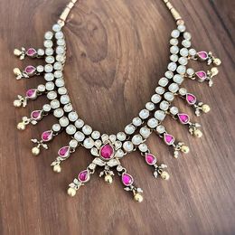 PINK WHITE KUNDAN 2 LINE ONLY NECKLACE