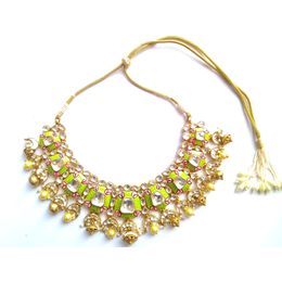 FULL WHITE KUNDAN PARROT GREEN AND PINK MINA NECKLACE SET