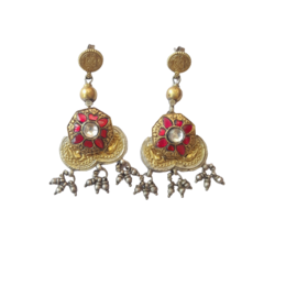 PLAIN SILVER TWO TONE PLATED RED WHITE KUNDAN LONG EARRING