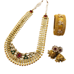 MULTI KUNDAN GOLDEN FINISH NECKLACE AND BANGLES AND DOOL