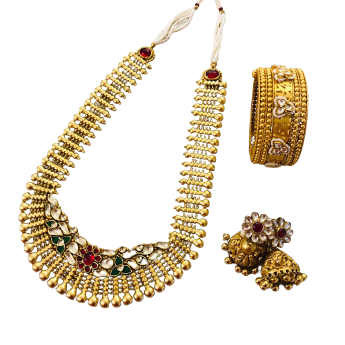 MULTI KUNDAN GOLDEN FINISH NECKLACE AND BANGLES AND DOOL