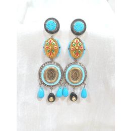 TURQUOISE YELLOW PAINTING THEVA OVAL EARRING