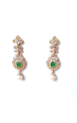 CZ WITH GREEN ONYX PEARL DROPPED SILVER BASED EARRING