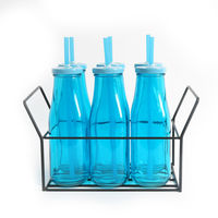 Bottle with Metal Lid/ Stand & Straw Set of 6 - @home by Nilkamal, Blue