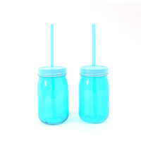 Drinkjar with Metal Lid/ Stand & Straw Set of 4 - @home by Nilkamal, Blue