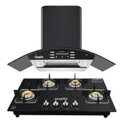 Maplin Combo set of Curve Glass Kitchen Chimney SS90 in 90 cm (Black) Voice control and 4 Burner Gas Cooktop (Automatic Hob)