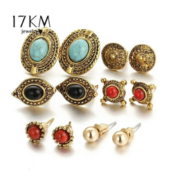 Fashion Vintage Punk Big Blue Stone Flower Earrings 6 pairs/ set only