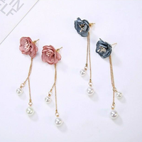 Pink Flower Simulated Pearls Long Chain Stud Earring