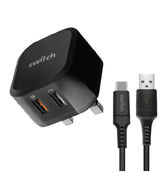 SWITCH 5.4A PREMIUM DUAL USB WALL CHARGER WITH QC 3.0 QUICKCHARGE AND 1.2M TYPE-C CABLE BLACK