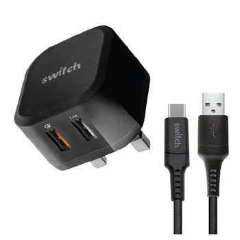 SWITCH 5.4A PREMIUM DUAL USB WALL CHARGER WITH QC 3.0 QUICKCHARGE AND 1.2M TYPE-C CABLE BLACK