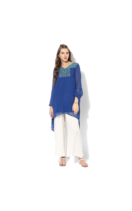 Global Desi Embroidered Polyester Tunic, m,  blue
