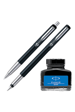 Parker Vector Standard Sets Fountain Pen & Ball Pen with Blue Quink Ink Bottle (Pack of 2)