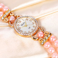 Peach Colour Women's Rose Gold Plated Rhinstone Dial Flower Bead Double Wrap Bracelet Watch