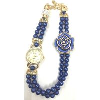 Blue Colour Women's Rose Gold Plated Rhinstone Dial Flower Bead Double Wrap Bracelet Watch