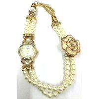 Cream Colour Women's Rose Gold Plated Rhinstone Dial Flower Bead Double Wrap Bracelet Watch
