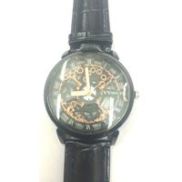 Black Leather Skeleton Mechanical Fashion Luxury Black Dial Mens Wrist Watch