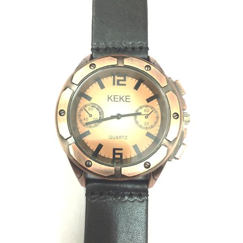 Vintage Screw Design Quartz Black Leather Strap Mens Wristwatch