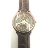 Copper Leather Skeleton Mechanical Fashion Luxury Black Dial Mens Wrist Watch