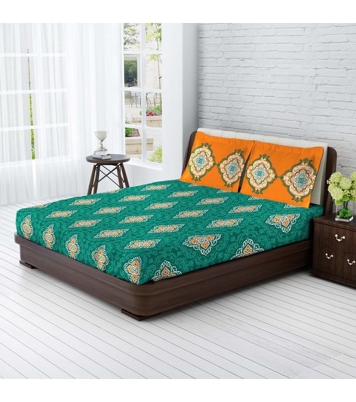 Tangerine Easy Care Double Bedsheet with 2 Pillow Covers Gift Set - Green