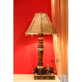 Aakriti Arts Handpainted L shape Wooden Lamp 12 inch with 10 inch Dori Shade, jute color, 12  