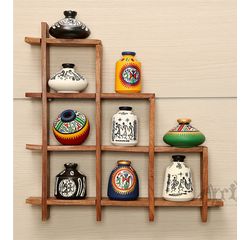 9 Hand Painted Warli Miniature Pots with Sheesham Wood Wall Decor Frame 9S, wooden, 13x13x2