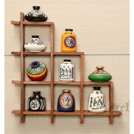 9 Hand Painted Warli Miniature Pots with Sheesham Wood Wall Decor Frame 9S, wooden, 13x13x2