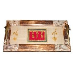 Aakriti Arts Tray Dhokra Warli with Glass in Silk, wooden frame, 18x7