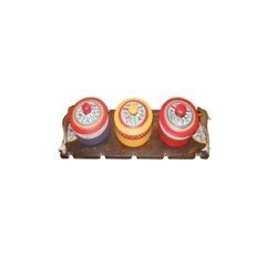 Aakriti Arts Wooden Tray with Terracota Jaars Set of 3, blue yello red, 15x5 