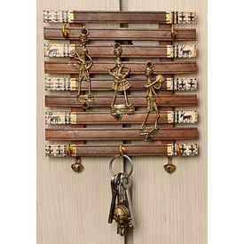 Aakriti Arts Handcrafted Key Hook Pannel with Dhokra Art Work 6x6 inch, wooden brown, 6x6 