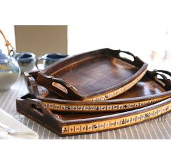 Aakriti Arts Handpainted Wooden Tray Set of 3, brown, 18 x12 /15 x10 /12 x8 