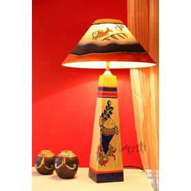 Handpainted Madhubani pattern A shape Wooden Lamp 14 inch with shade by Aakriti Arts, beige, 14 