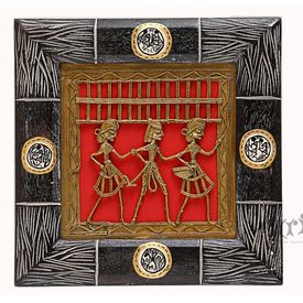 Aakriti Arts Handcrafted Dhokra Warli Wall Frame without Glass 8.5x8.5 inch, brown, 8.5x8.5 