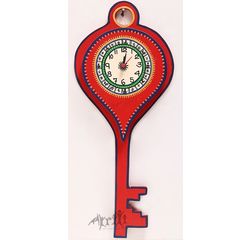 Aakriti Arts Handpainted Wooden Wall Clock Key Shape Red, red, 18 x8 