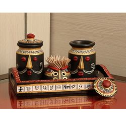 Aakriti Arts Handpainted Salt Pepper N Toothpick holder with Tray, antique, 9 x5 