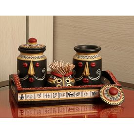 Aakriti Arts Handpainted Salt Pepper N Toothpick holder with Tray, antique, 9 x5 
