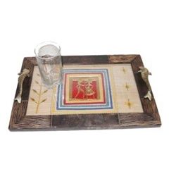 Aakriti Arts Tray Dhokra Warli with Glass in Silk, wooden frame, 15x10