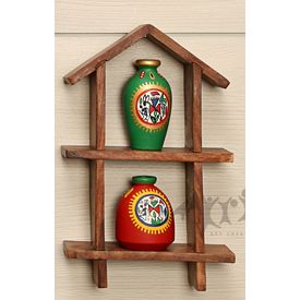 2 Hand Painted Warli Miniature Pots with Sheesham Wood Wall Decor Frame 2HS, wooden, 9.5x6x2
