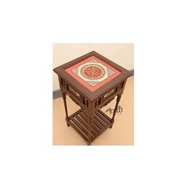 Aakriti Arts Corner Table Teak Wood with Dhokra Brass Work and Warli Art, wooden brown, 18 x18 x24  inch