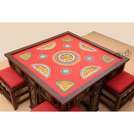 Aakriti Arts Dining Table with 4 Stools Warli Red, red