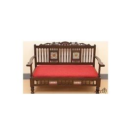 Aakriti Arts Sofa Chair Double Teak Wood with Dhokra Brass Work, maroon red, 51 x25 x31  inch sitting space 44 inch
