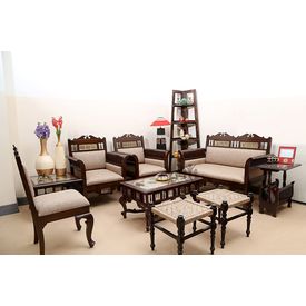 Aakriti Arts Sofa Set with Table Teak Wood 3+ 2+ 1, beige