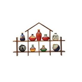 9 Hand Painted Warli Miniature Pots with Sheesham Wood Wall Decor Frame 9HS, wooden, 16.5x10.5x2